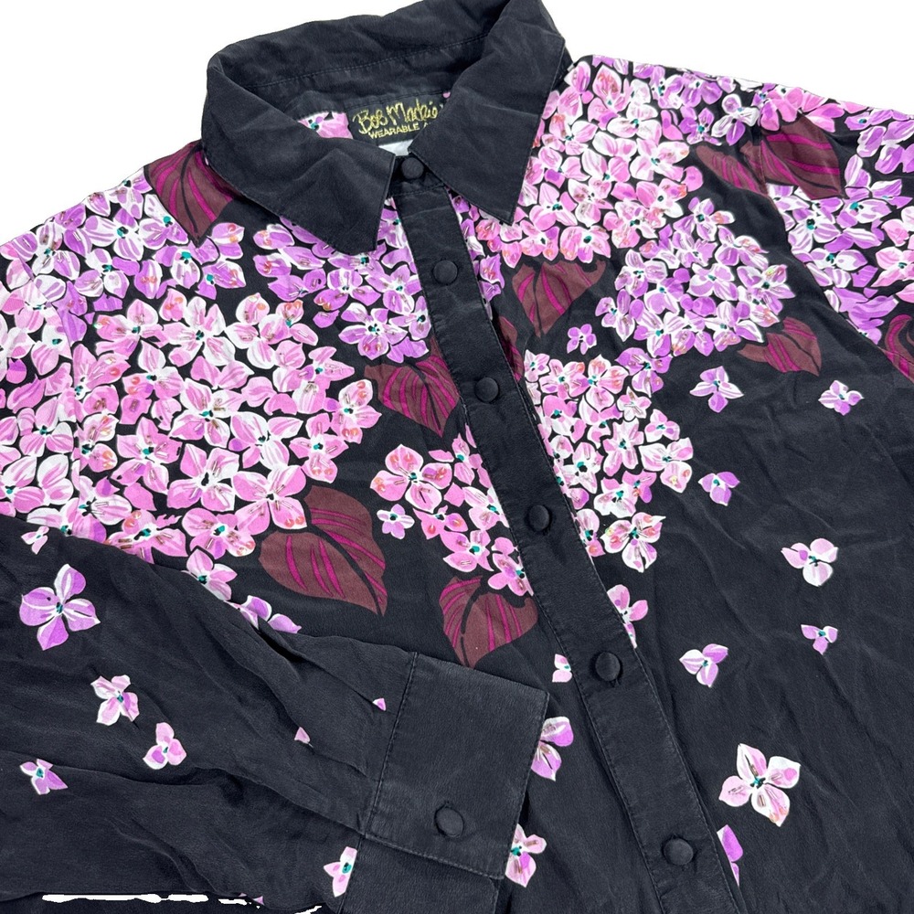 Bob Mackie Blouse Women's 1X Black Pink Floral 100% Silk Long Sleeve Beaded